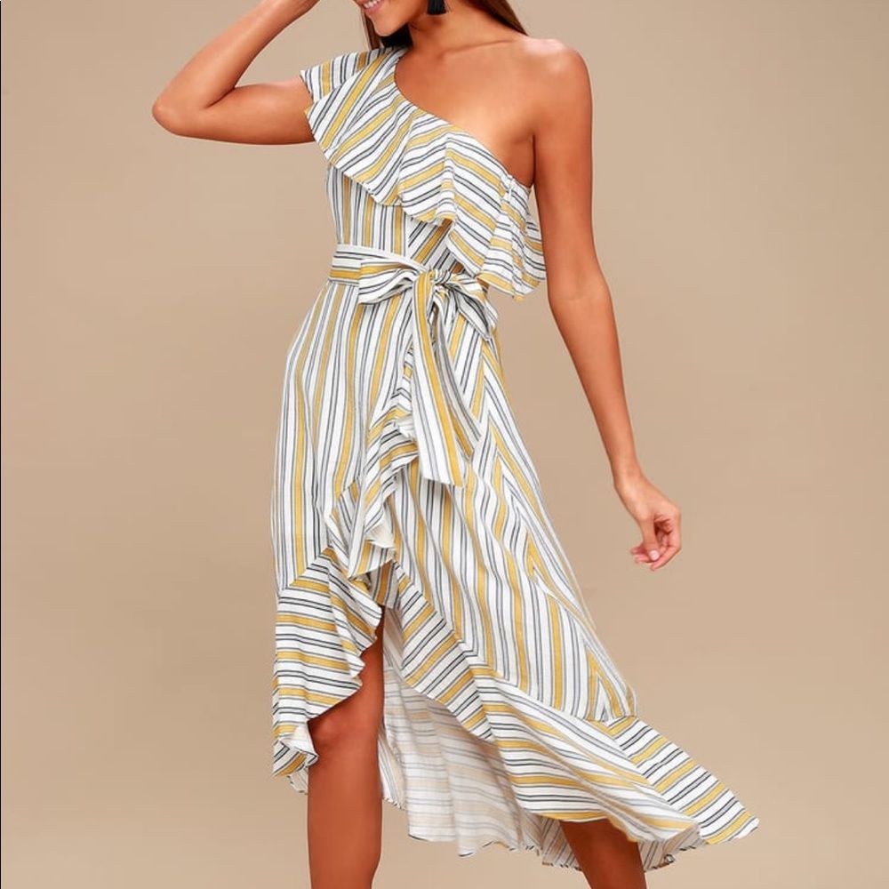 Lulu's Yellow and White Striped One-Shoulder Dress